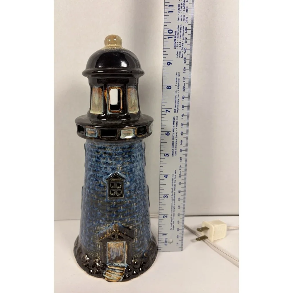 VTG Glazed Ceramic Lighthouse Plug in Table Lamp Light Blue Nautical 10